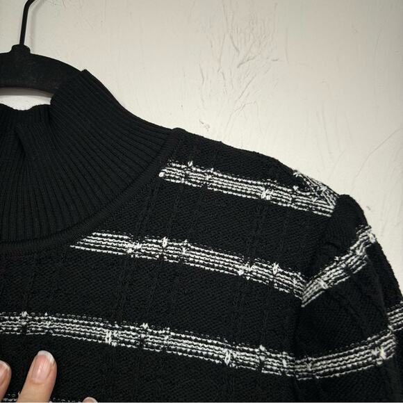 Ming Wang Black White Chunky Knit Sweater Womens M Fringe Preppy Pullover Mock - Picture 4 of 10
